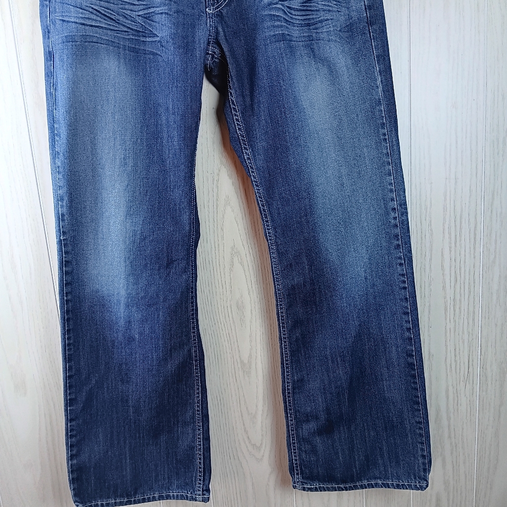 Helix Jeans Mens Size 36x34 Bootcut Blue Denim Whiskered Distressed.  - Picture 3 of 16